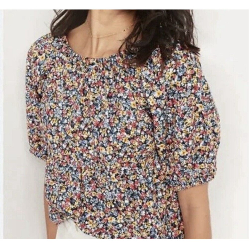 Old Navy Floral Print Puff Sleeve Pink Green White Large Babydoll Top Casual